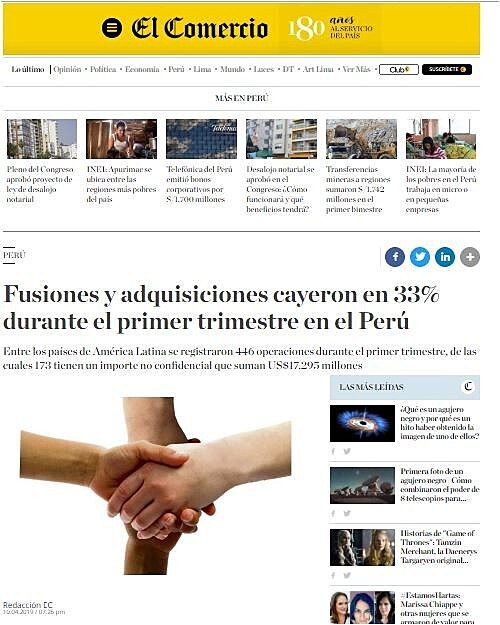 Fusiones y adquisiciones cayeron en 33% durante el primer trimestre en el Per